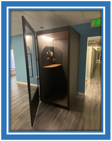 The acoustically designed phone booth has been installed in our Hub Club master suite.  Our crew did a remarkable job installing it.